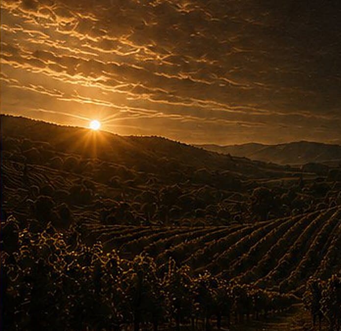 A vineyard at sunset