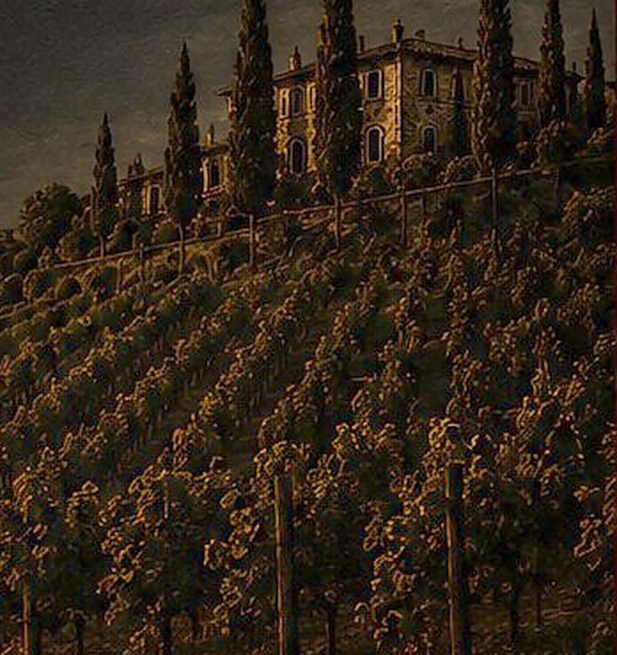 A hillside vineyard and villa at dusk
