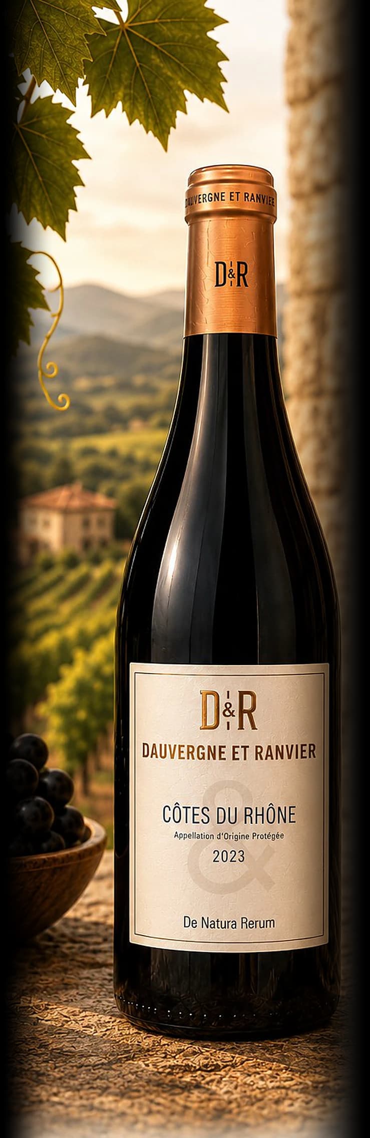 D&R Dauvergne et Ranvier Côtes du Rhône above a Rhône Valley vineyard