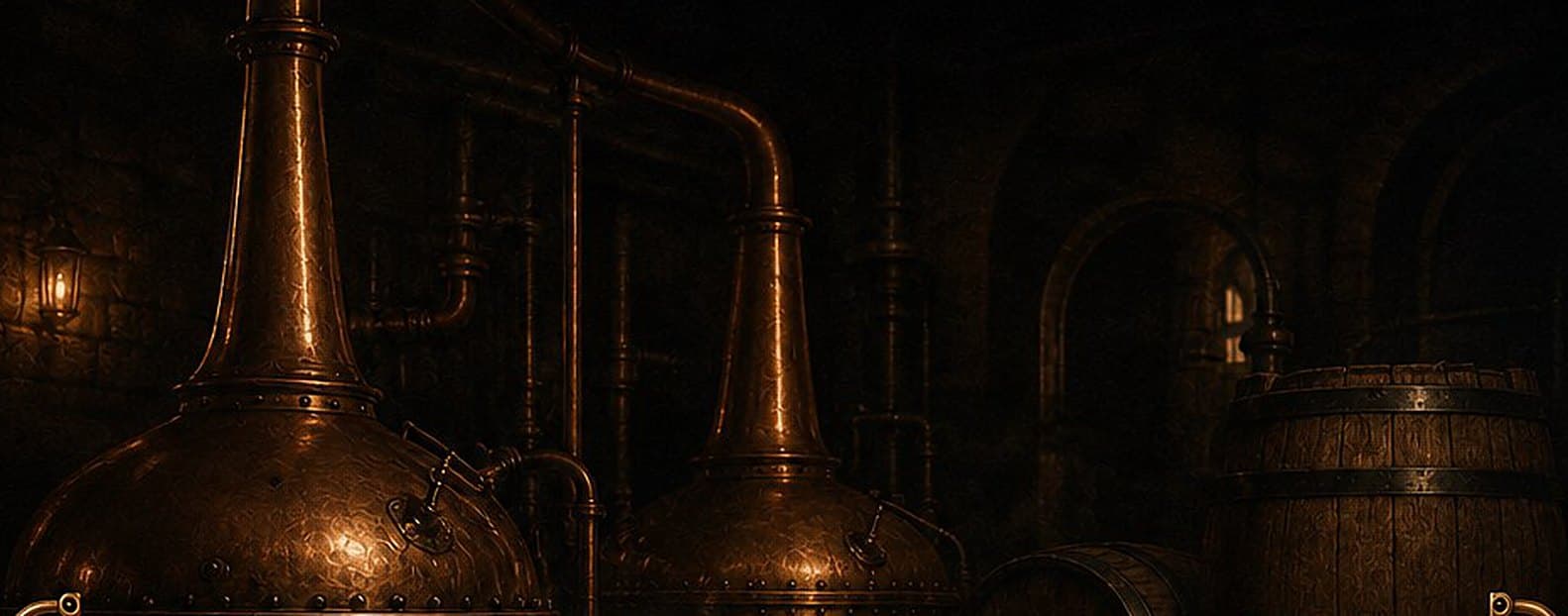 Copper pot stills and oak barrels in a dim distillery
