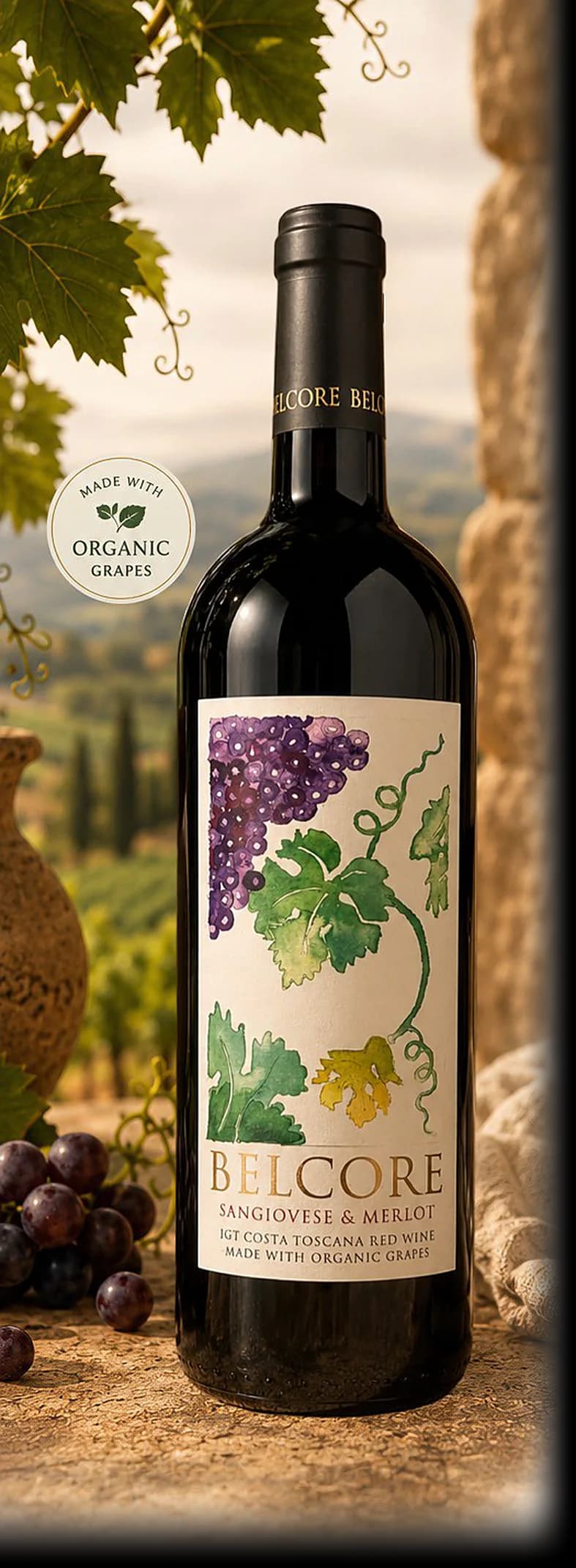 Belcore Sangiovese & Merlot — bottle photographed for the Vindagra portfolio book