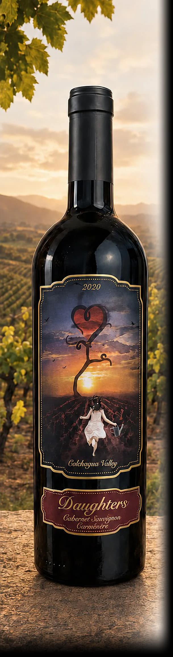 Daughters Cabernet Sauvignon · Carménère — bottle photographed for the Vindagra portfolio book