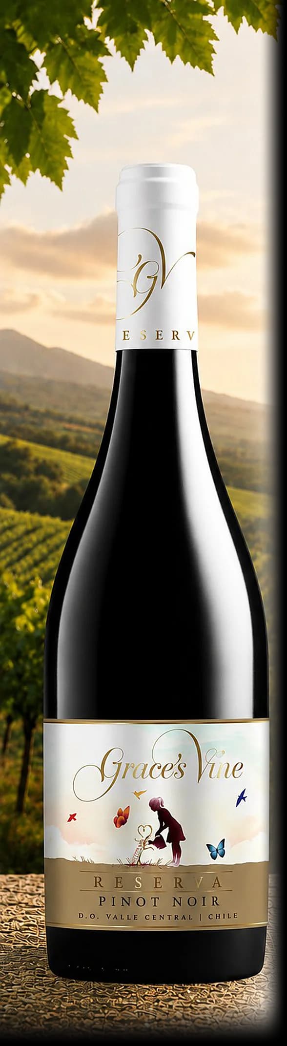Grace’s Vine Reserva Pinot Noir — bottle photographed for the Vindagra portfolio book
